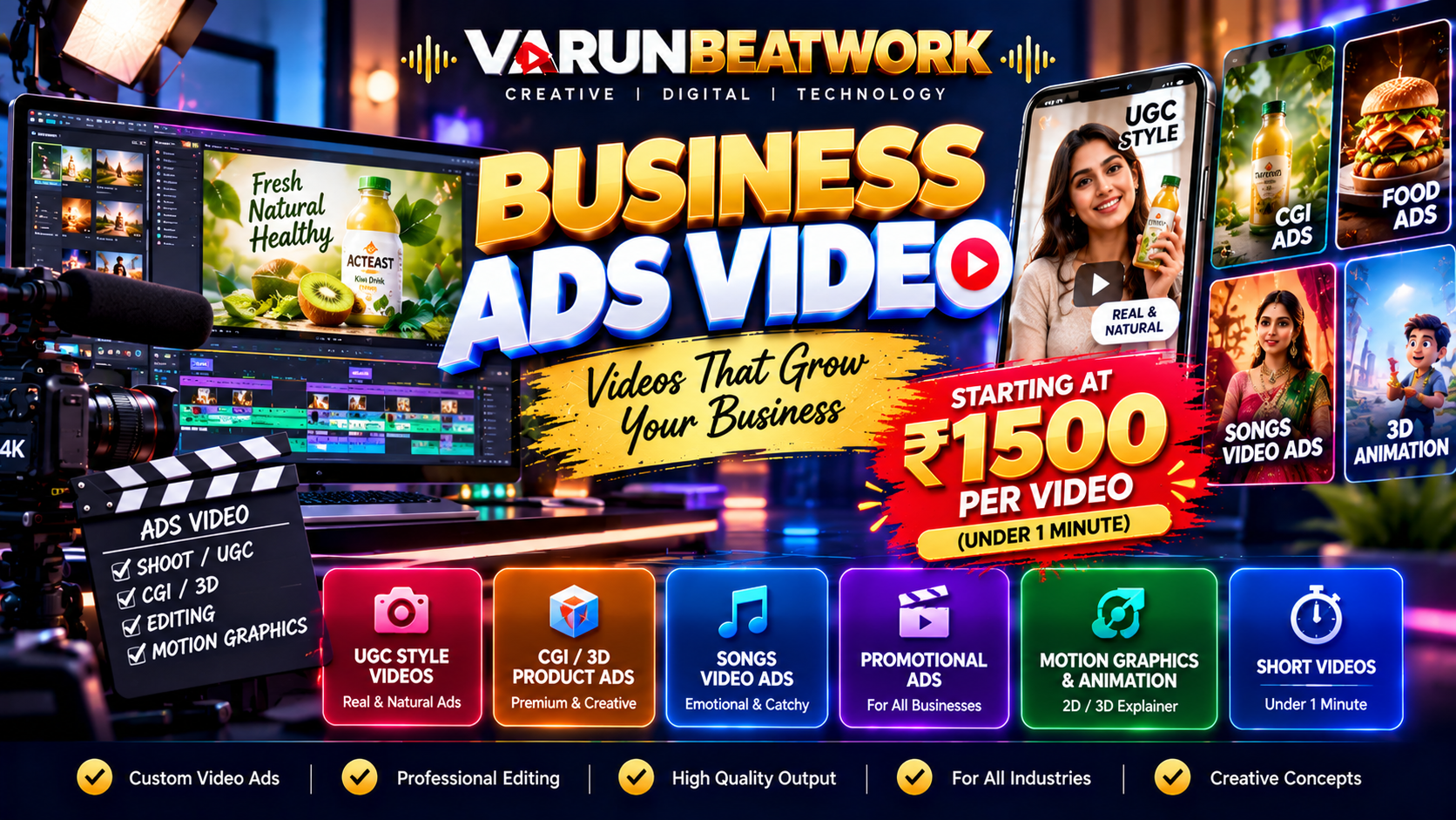 BUSINESS ADS VIDEO 4K cinema camera with lens flare and clapperboard