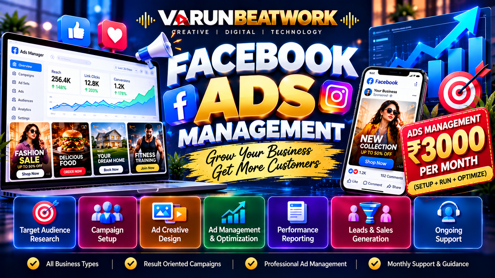 FACEBOOK ADS holographic growth dashboard and analytics chart
