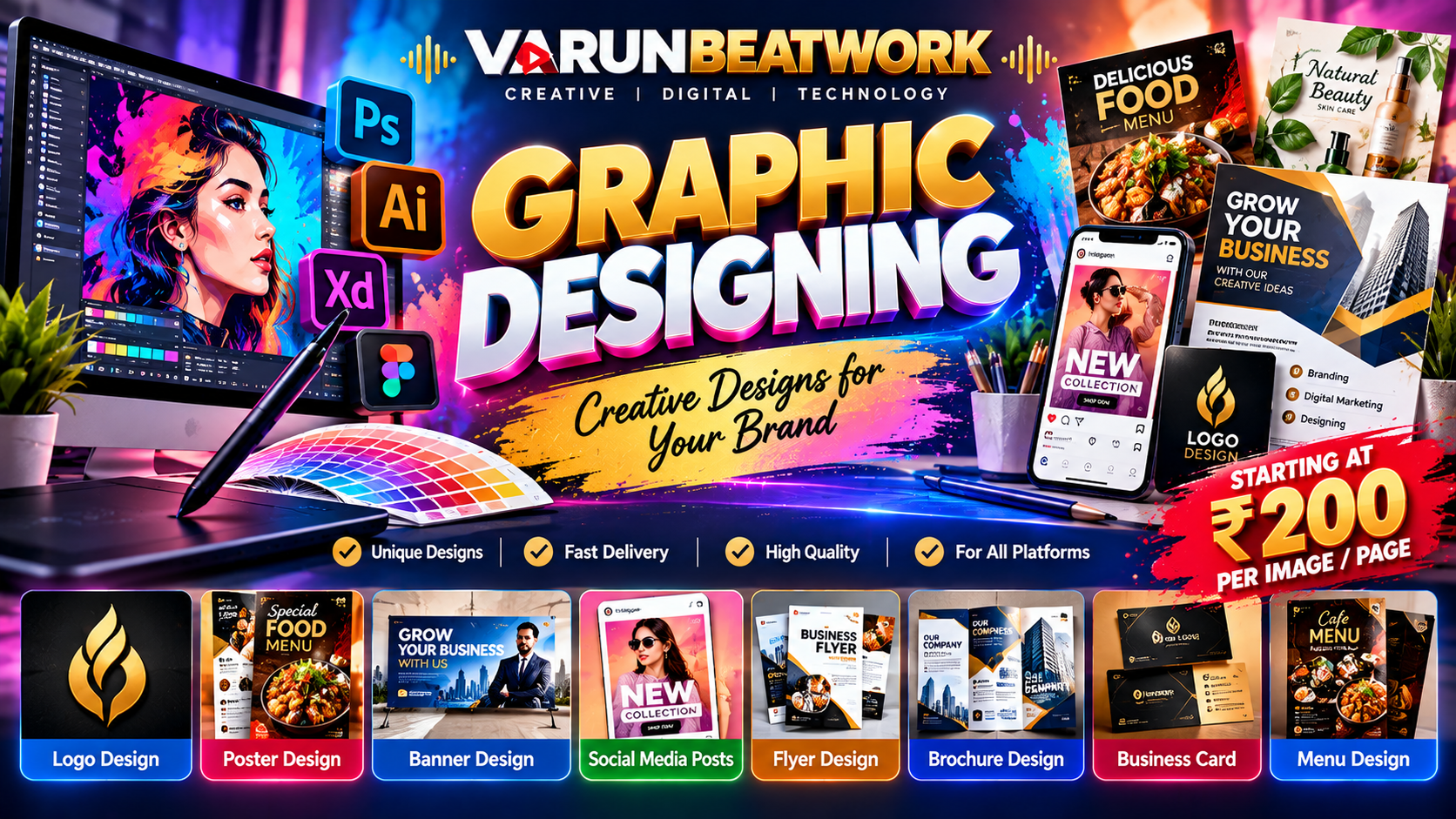 GRAPHIC DESIGNING tablet with golden logo and brand mockups