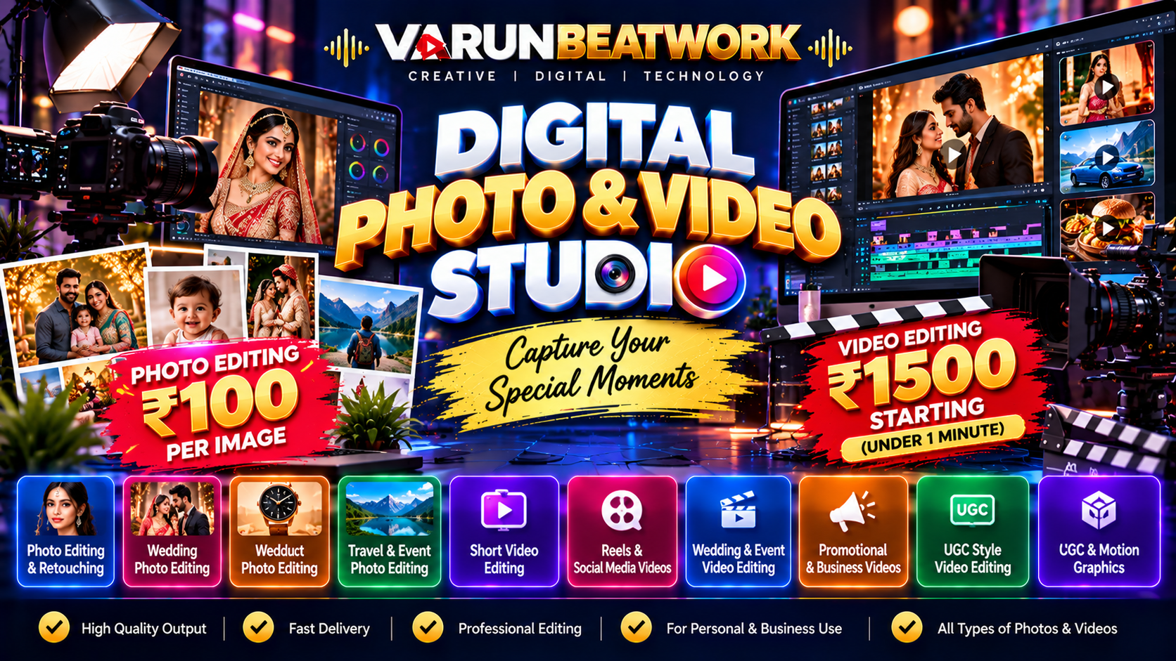 DIGITAL PHOTOSTUDIO AND VIDEO EDITING dual display with timeline and portrait retouch