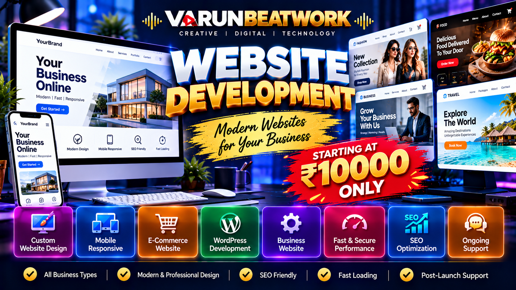 WEBSITE DEVELOPMENT floating laptop and phone displaying responsive code